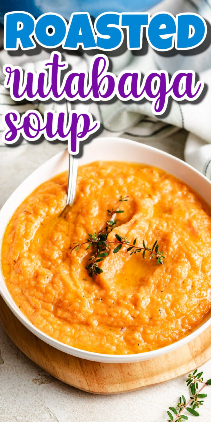 Close up view of rutabaga soup in a bowl.