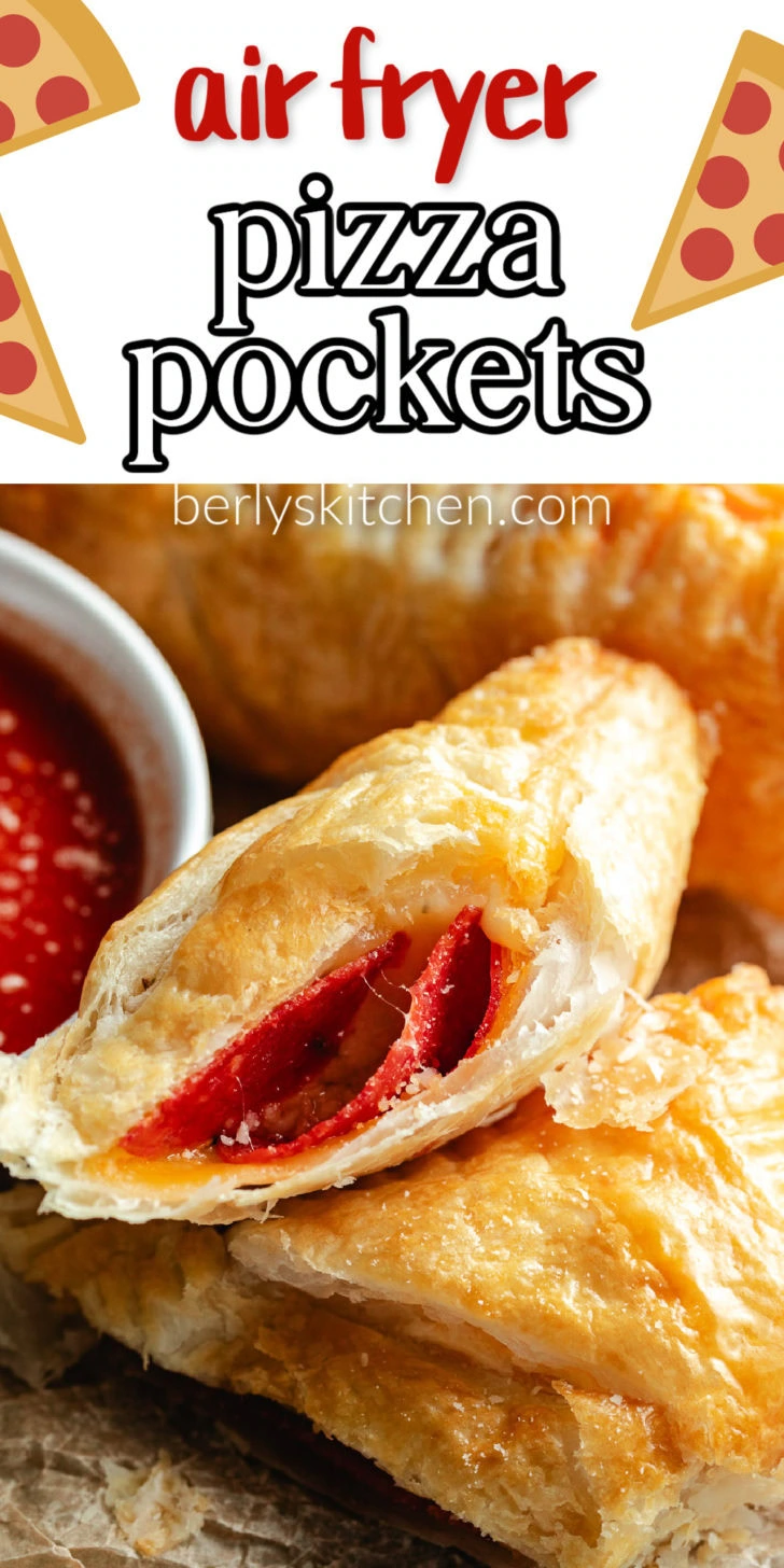 Vertical Pinterest graphic showing golden air fryer pizza pockets with pepperoni and melted cheese next to marinara sauce.
