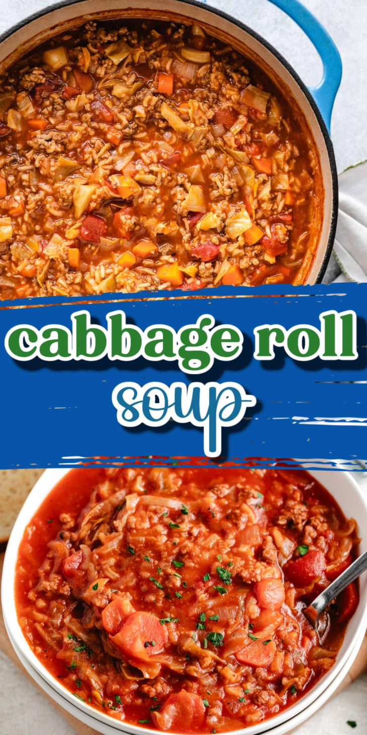 Collage image showing a pot and bowl of cabbage roll soup with a blue banner text overlay.