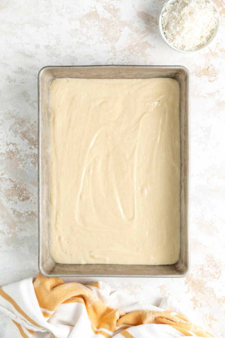Pan of unbaked cake batter.