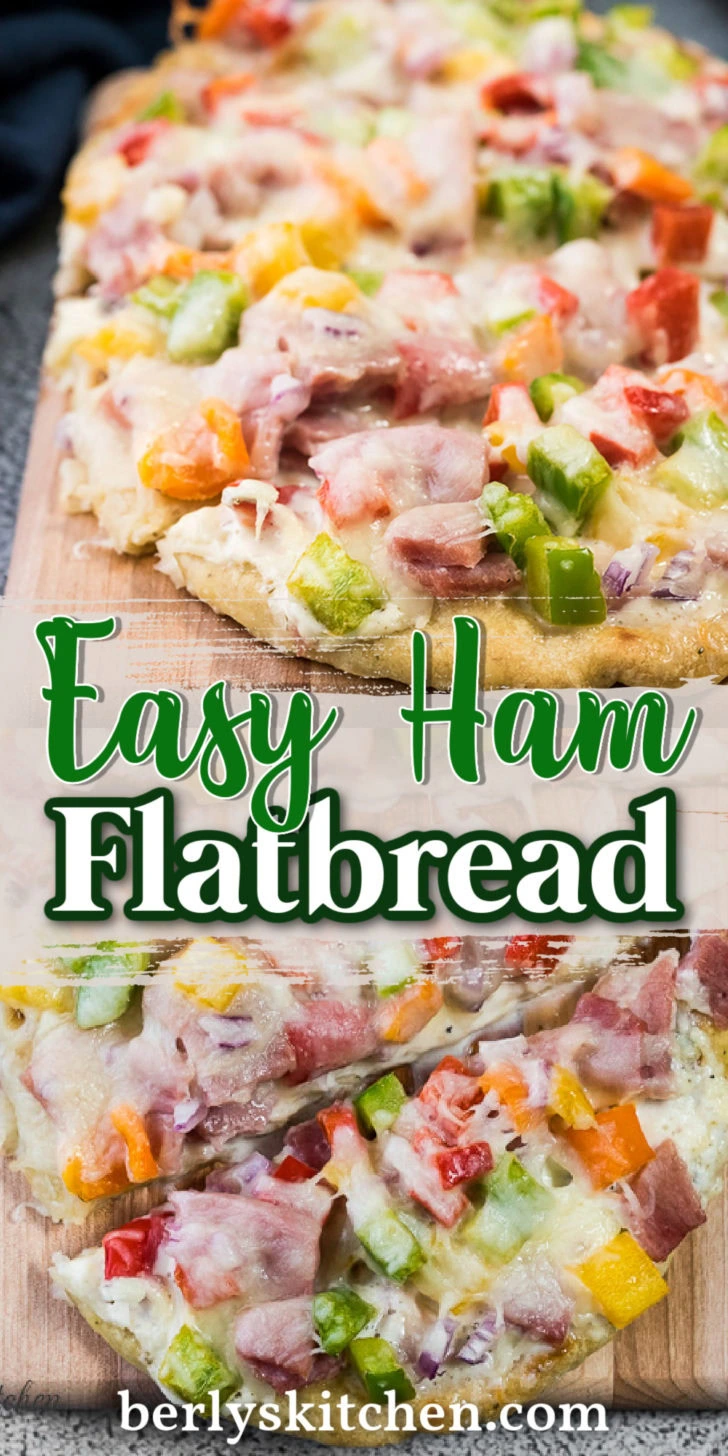 Collage showing two photos of ham flatbread.
