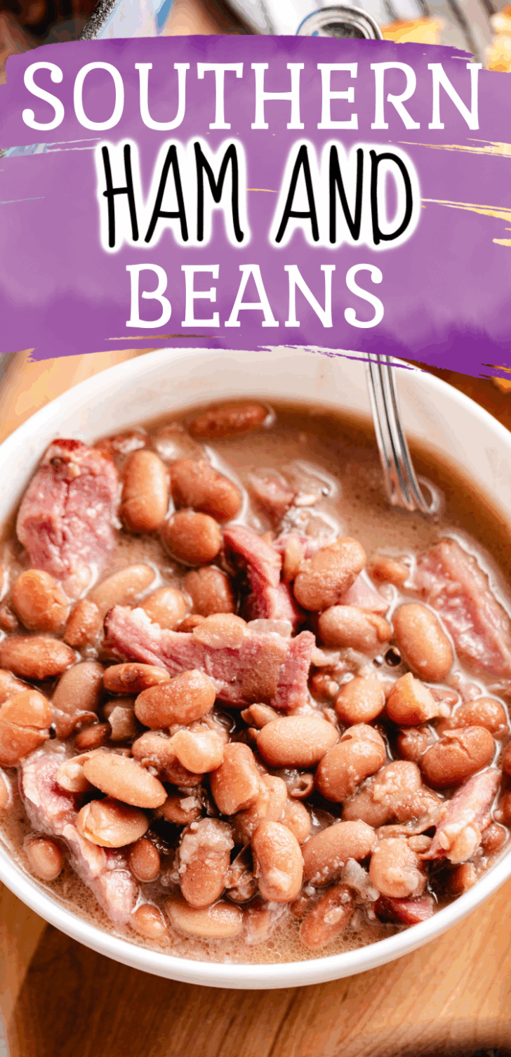 Southern ham and beans recipe text over a bowl of beans.