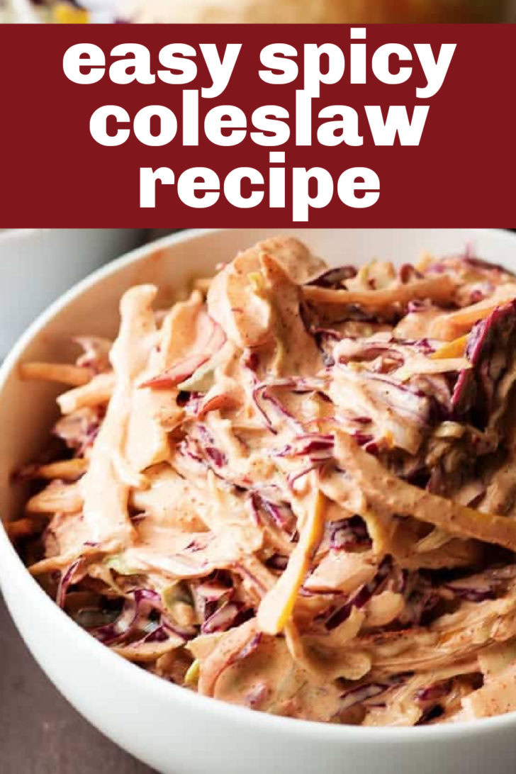 Close up view of a spicy coleslaw recipe in a white dish.