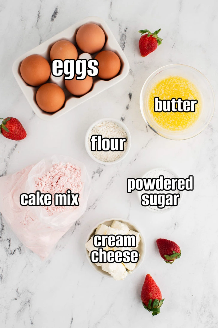 Ingredients used in strawberry cake mix cookies.