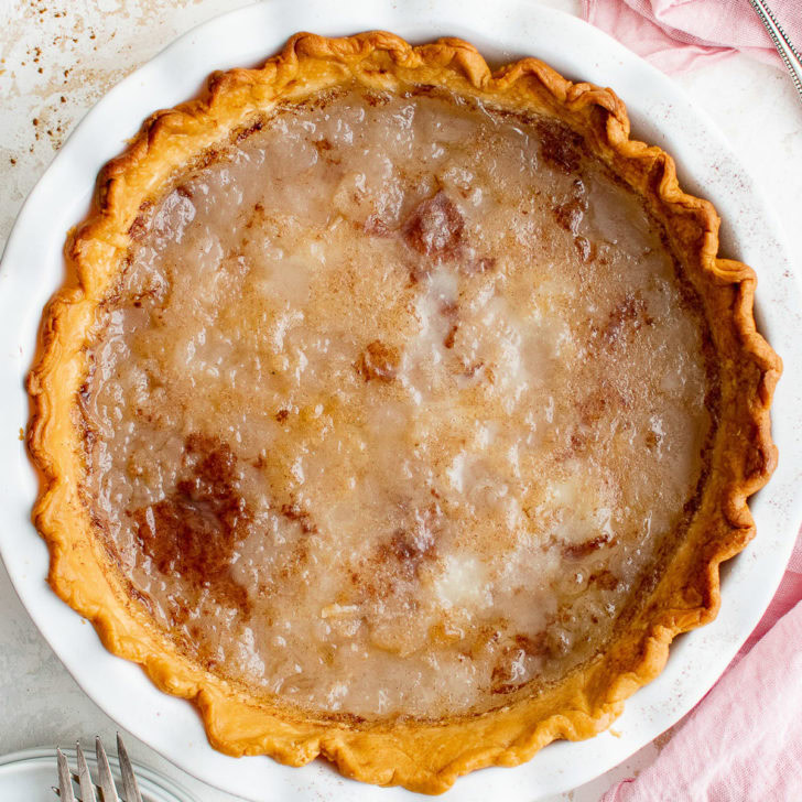 Overhead view of dirty water pie in a dish.