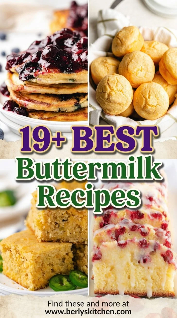 Four-image quad-grid collage of buttermilk recipes including fluffy pancakes, flaky biscuits, moist cornbread, and creamy buttermilk pie on a rustic kitchen backdrop.
