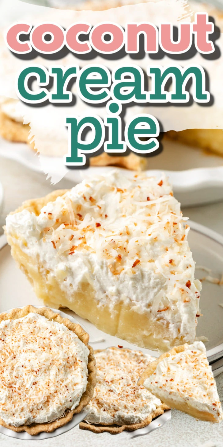 A pin graphic shows coconut cream pie with text overlay and multiple pie images.