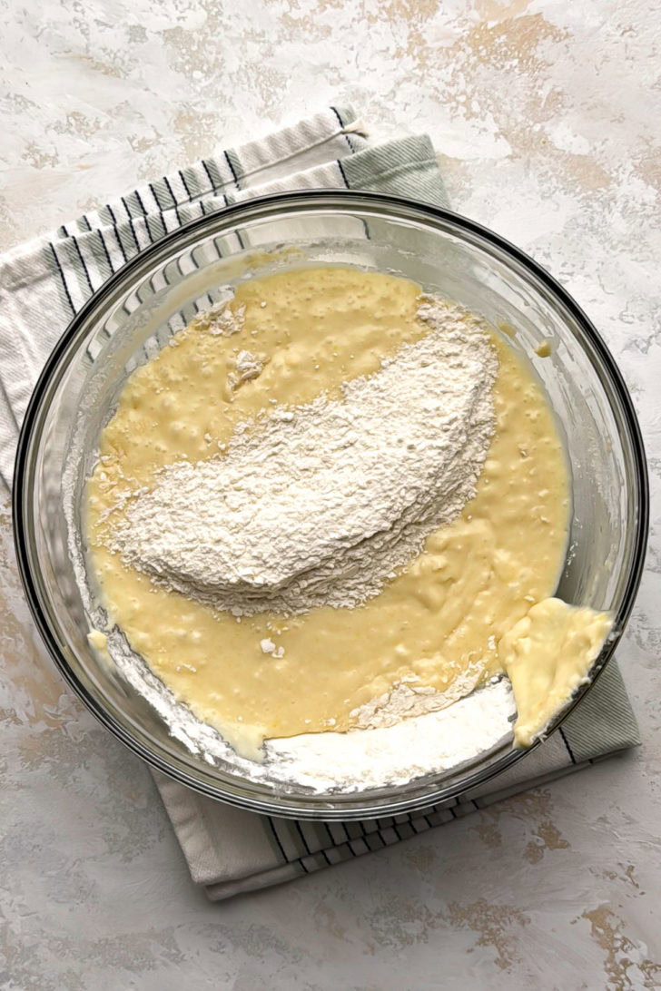 Dry ingredients added to lemon quick bread batter.