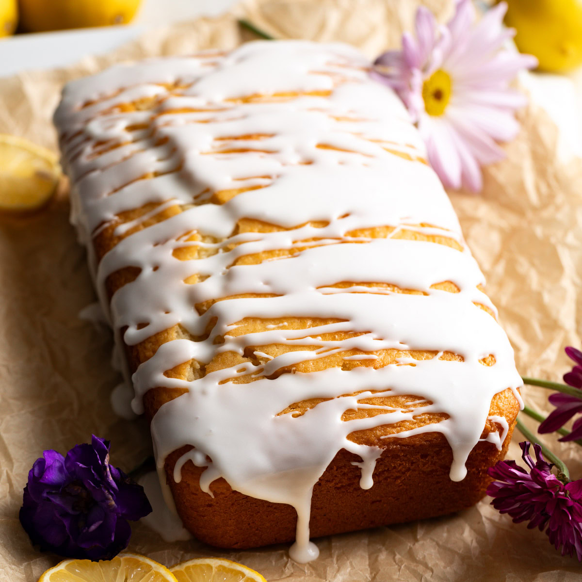 Lemon quick bread with thick glaze.