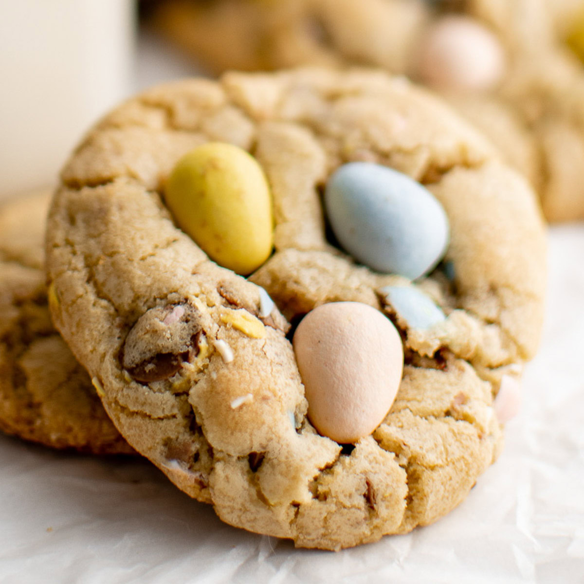 Close up view of a cadbury mini egg cookie.