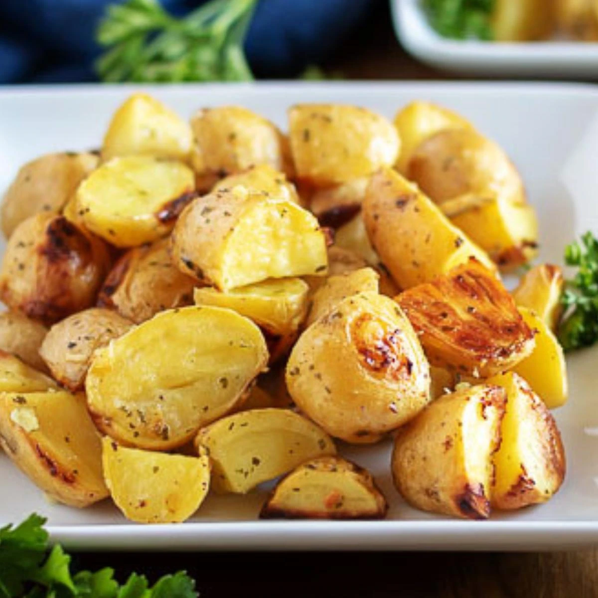 Close up view of a plate of oven baked ranch potatoes.