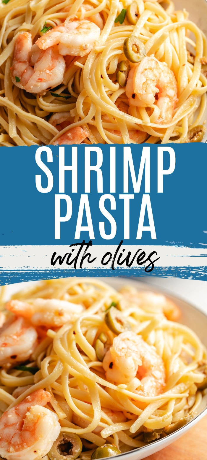 Collage showing two photos of Mediterranean shrimp pasta.