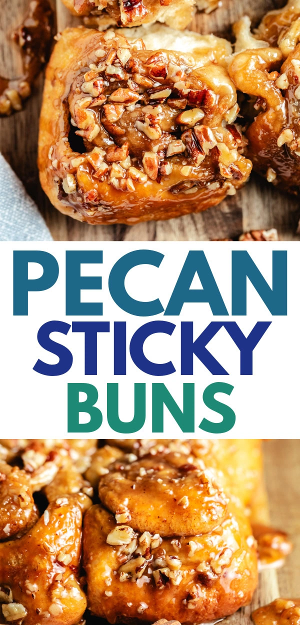 Sticky buns with chopped pecans and caramel shown in a recipe pin graphic.