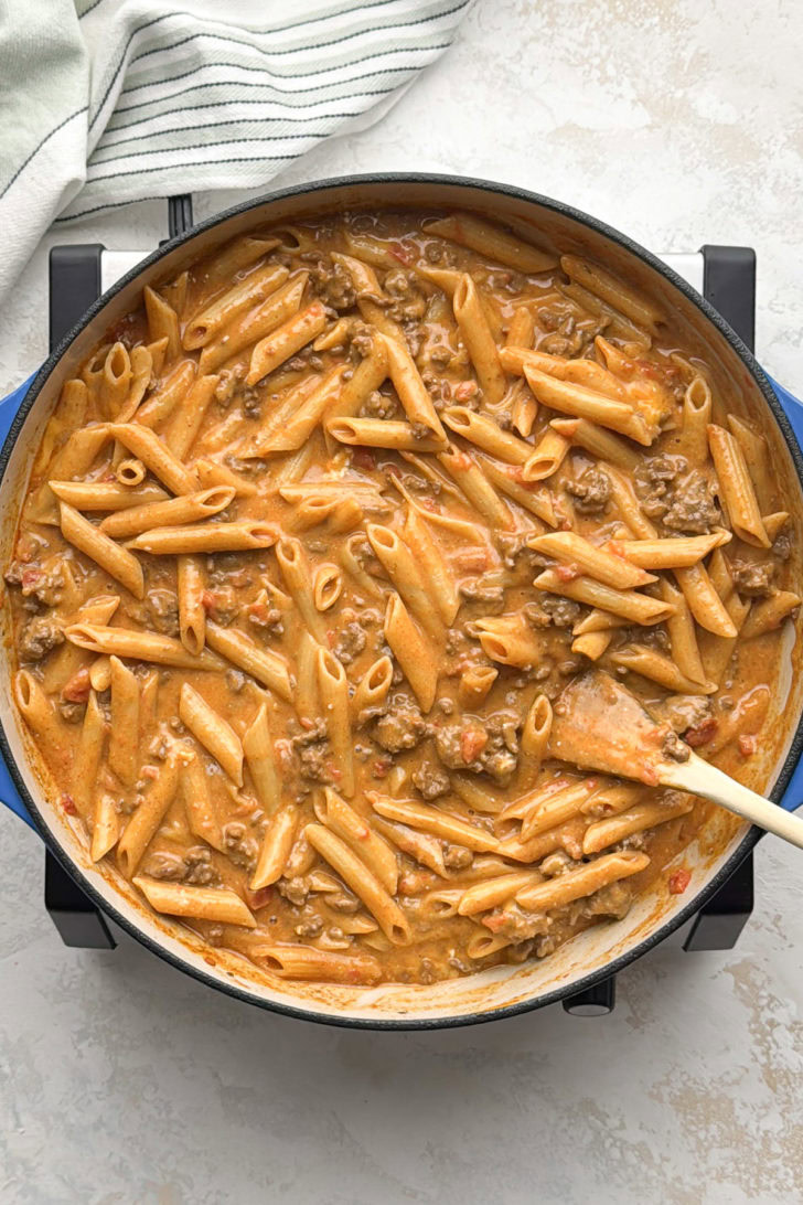 Taco penne pasta stirred into a creamy cheese sauce.