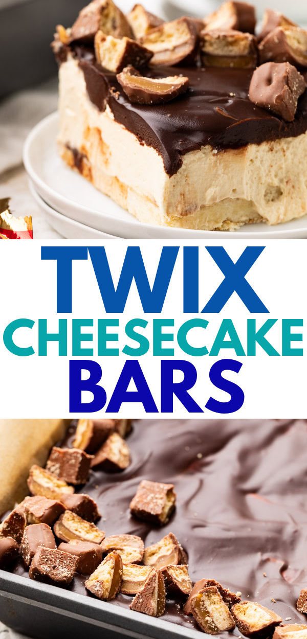 Two photos of twix cheesecake bars in a collage.