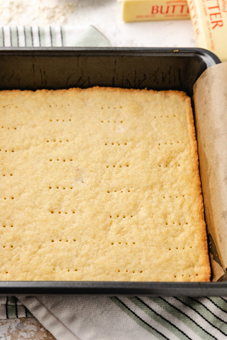 The baked crust has a lightly golden edge and fork holes across the top.