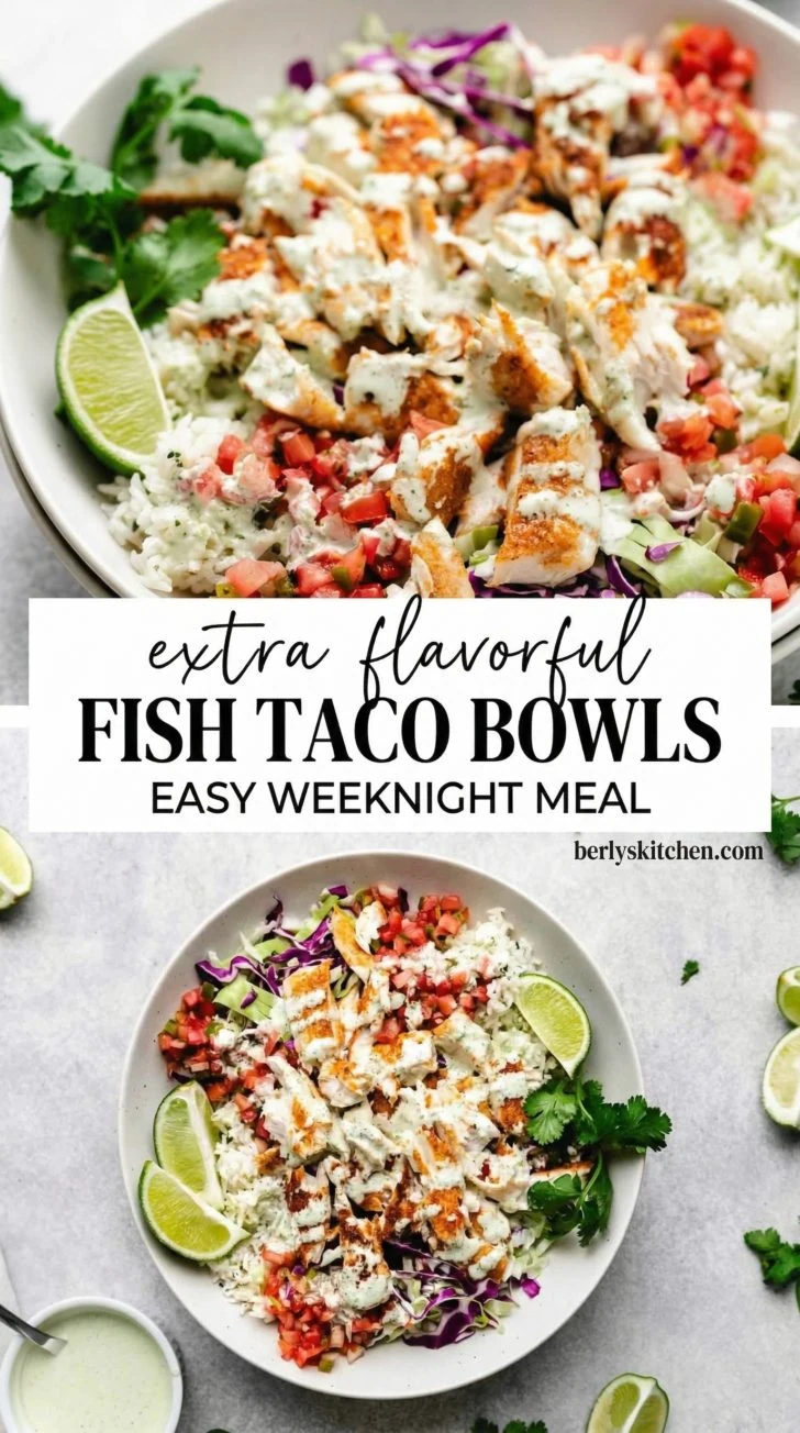 Two-panel collage showing a close-up of a fish taco bowl with cilantro lime rice, mahi mahi, pico de gallo, shredded cabbage, and cilantro lime crema drizzled on top.