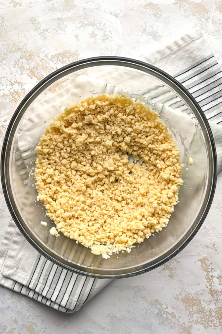 The shortbread crust dough is mixed and ready to press into the pan.