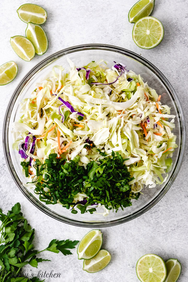 Coleslaw mix, green onions, and cilantro in a mixing bowl for fish taco slaw.