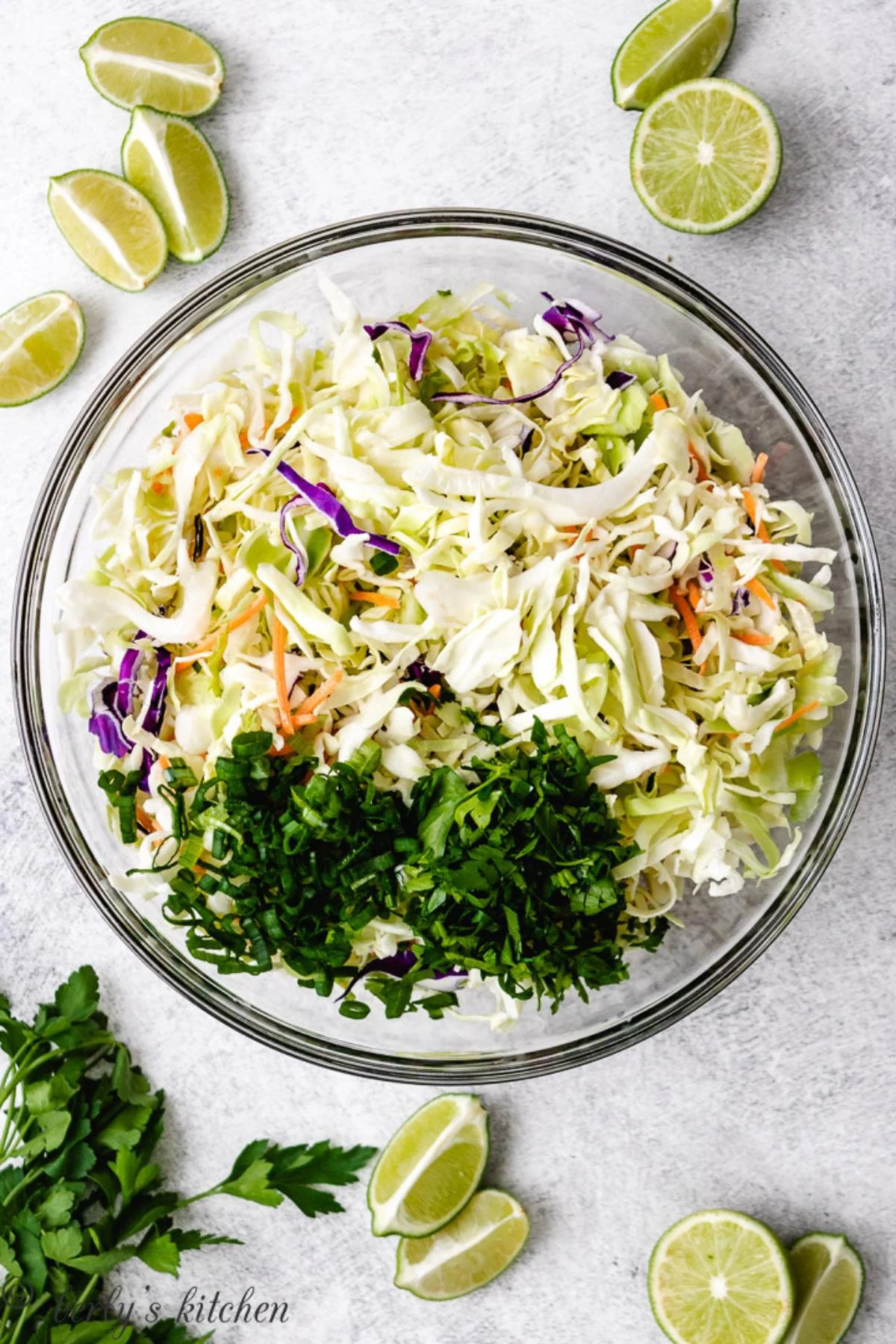 Coleslaw mix, green onions, and cilantro in a mixing bowl for fish taco slaw.