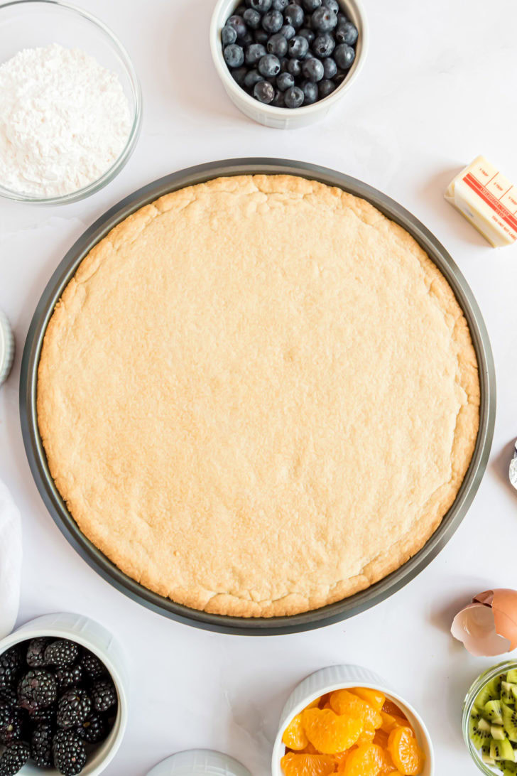 Baked sugar cookie crust in pan.