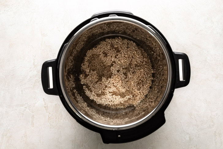 Brown rice and water in the Instant Pot liner.