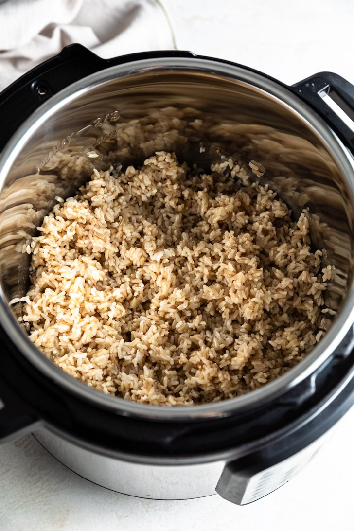 Cooked brown rice inside the Instant Pot insert.