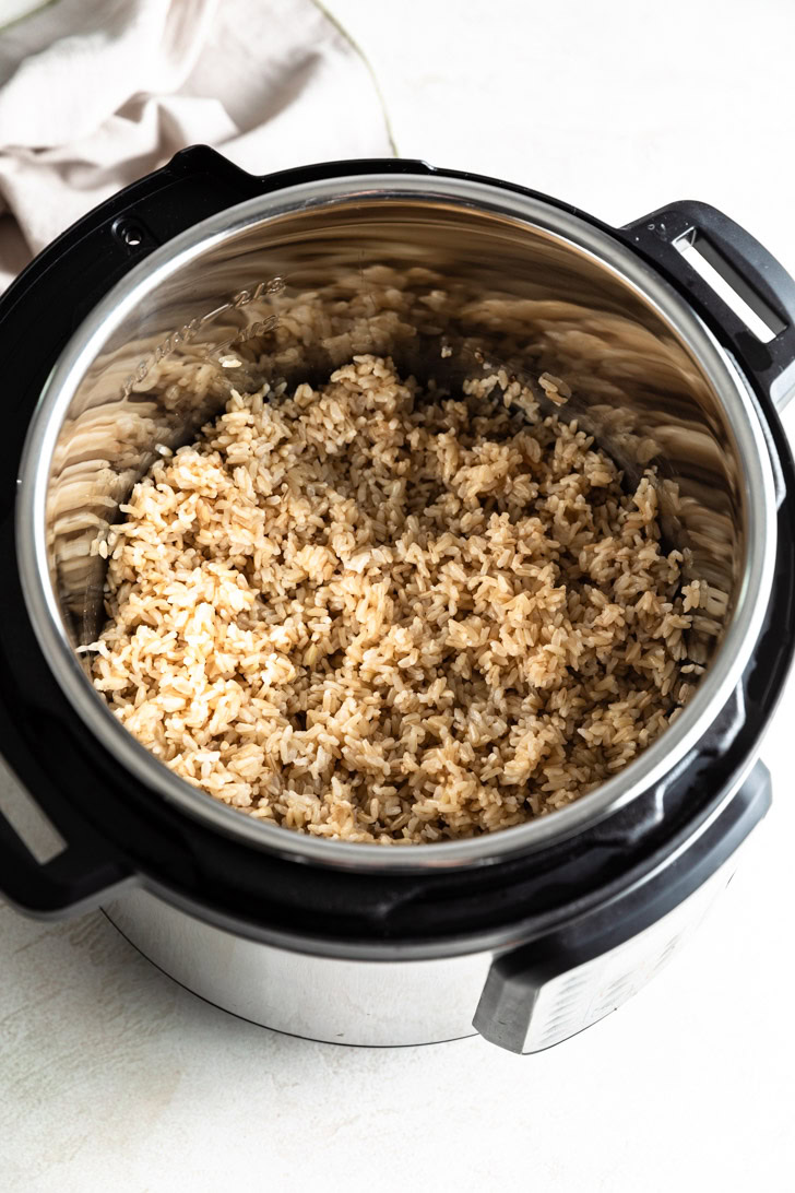 Instant Pot brown rice in the pressure cooker.