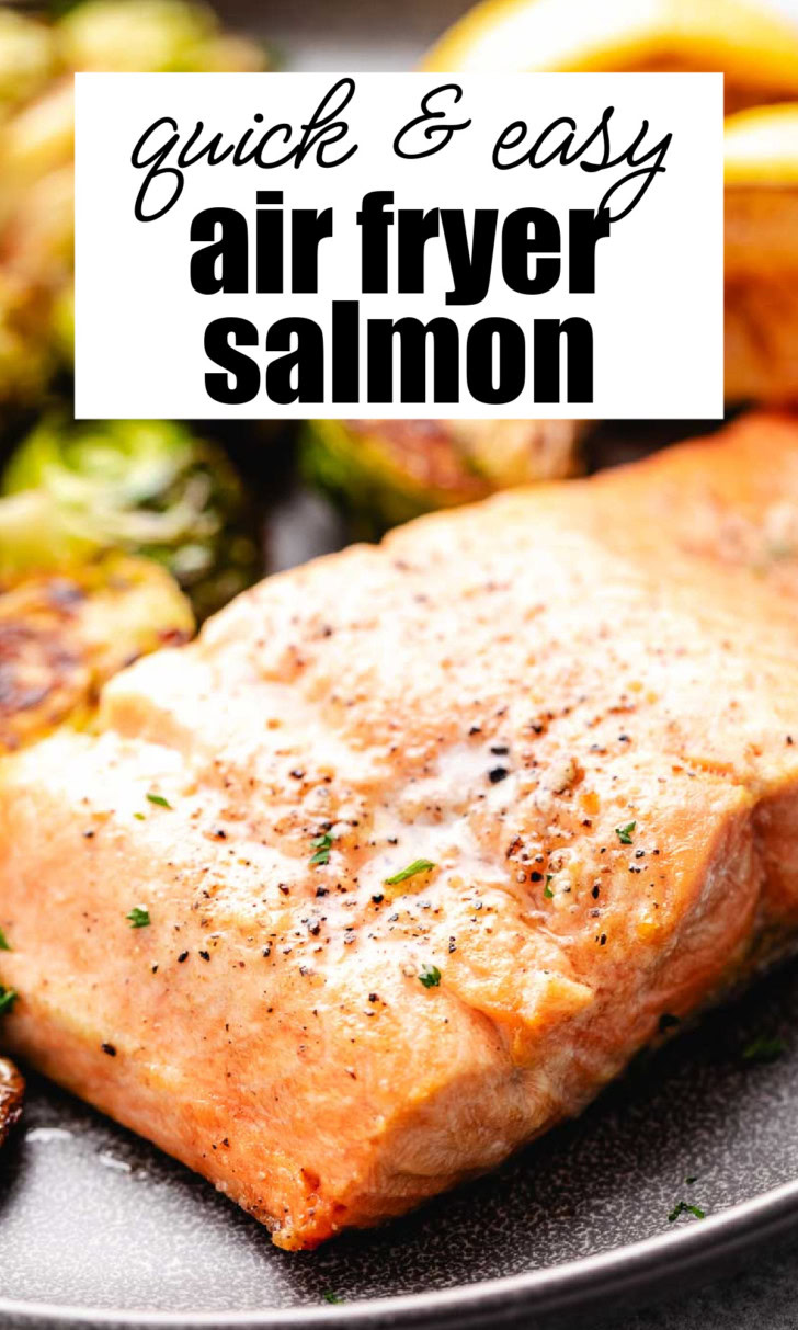 Close up view of air fryer salmon with text overlay for Pinterest.