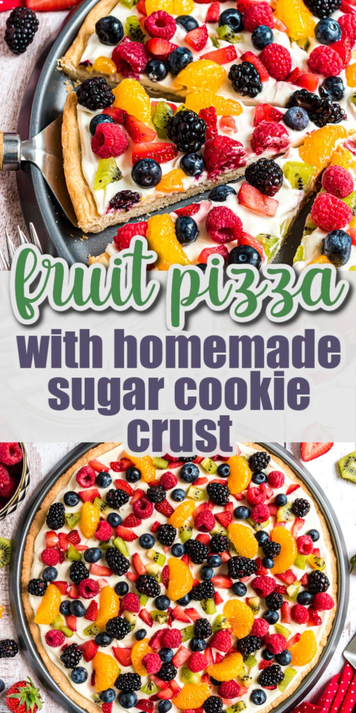 Collage showing two photos of fruit pizza.