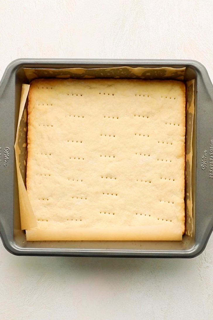 Baked shortbread crust in a 9x9-inch pan.