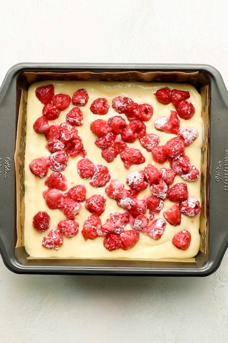 Lemon cream cheese filling and fresh raspberries spread over a shortbread crust.