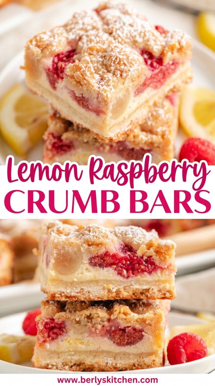 Collage showing two photos of lemon raspberry crumb bars.