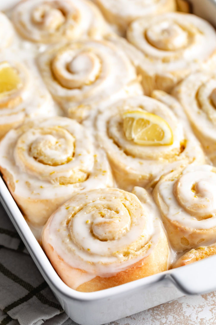 Close-up of frosted lemon sweet rolls.