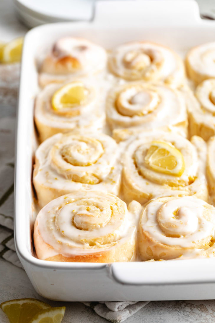 Side view of glazed sweet rolls.