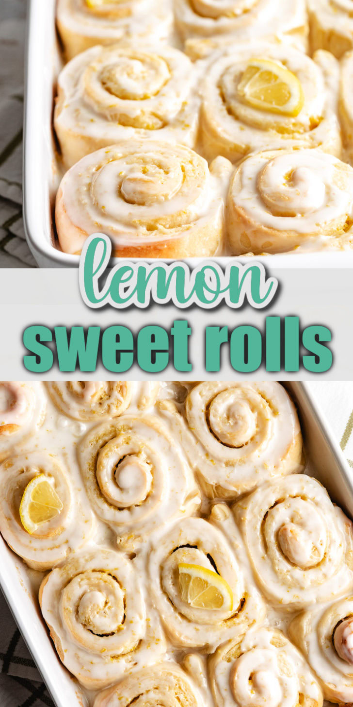 Collage showing two photos of lemon sweet rolls.