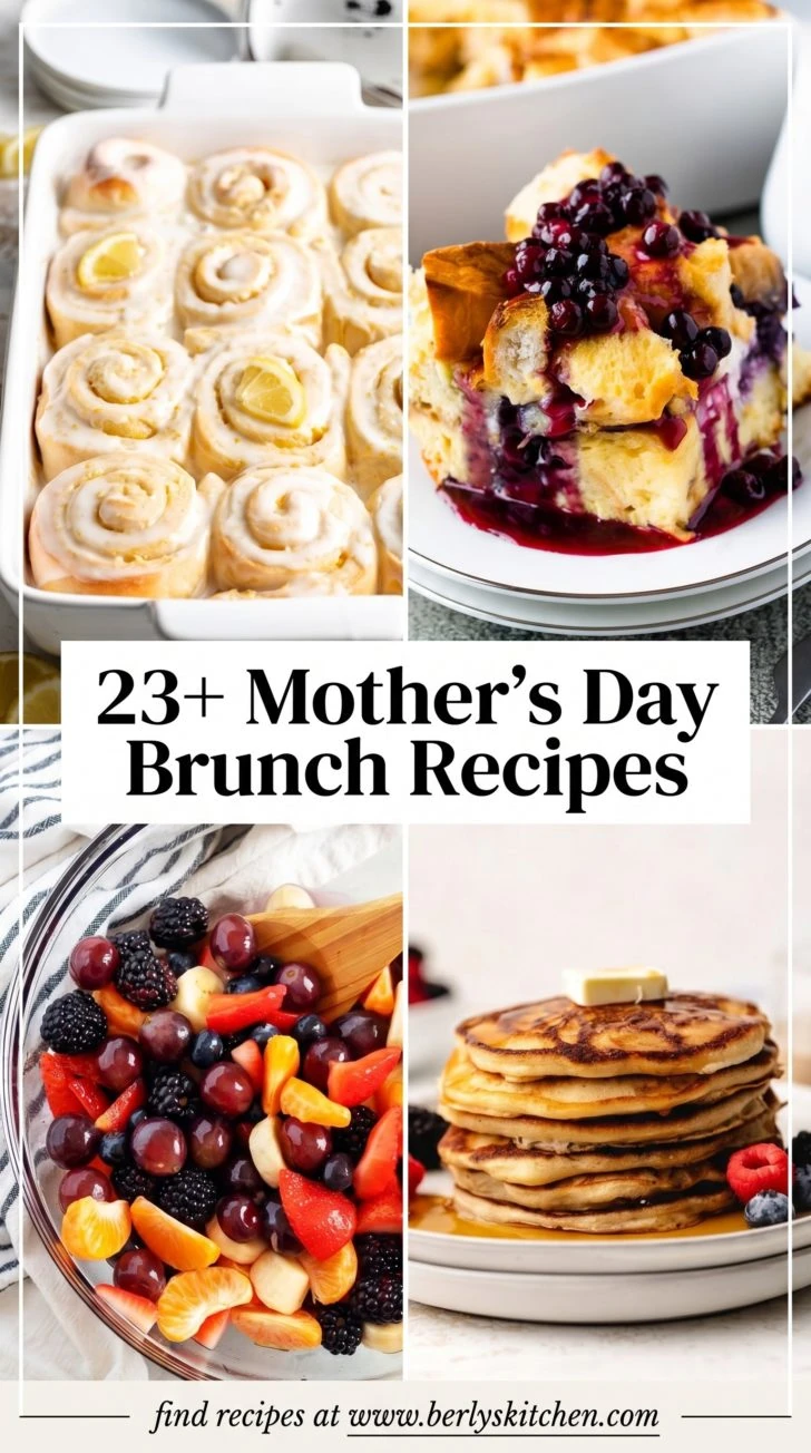 Collage showing four images of brunch recipes to serve on Mother's Day.
