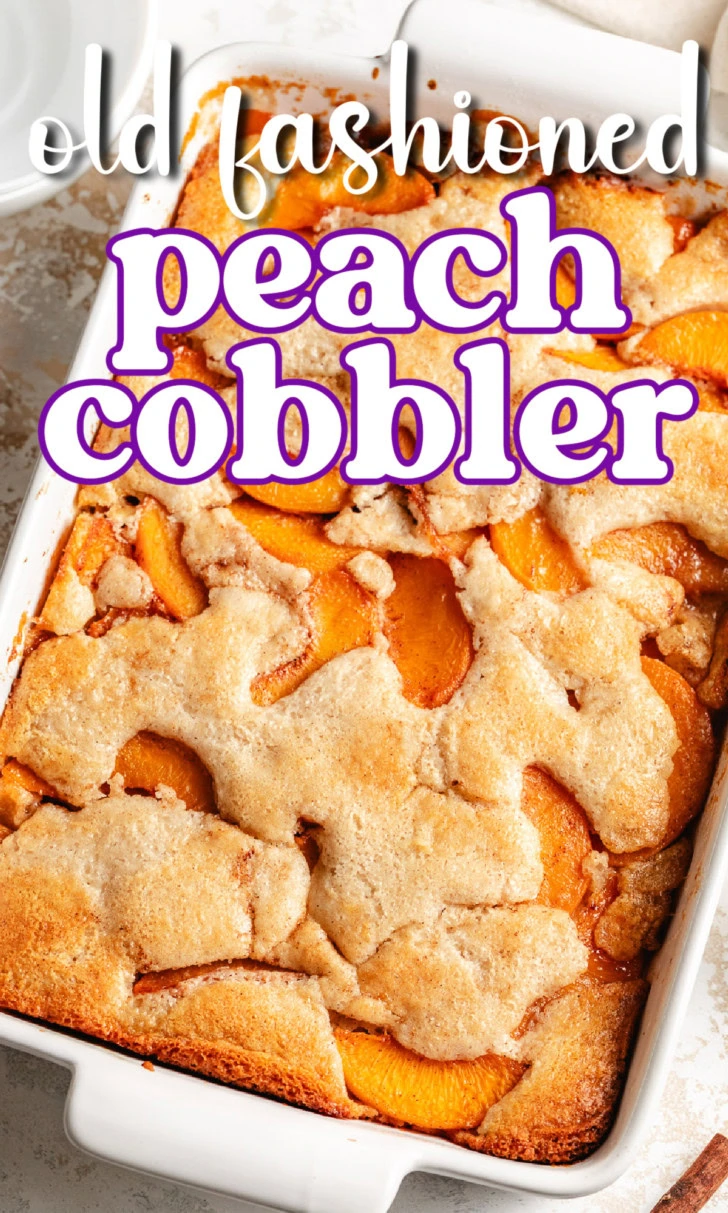 Old fashioned peach cobbler baked with sweet peaches and a golden topping.