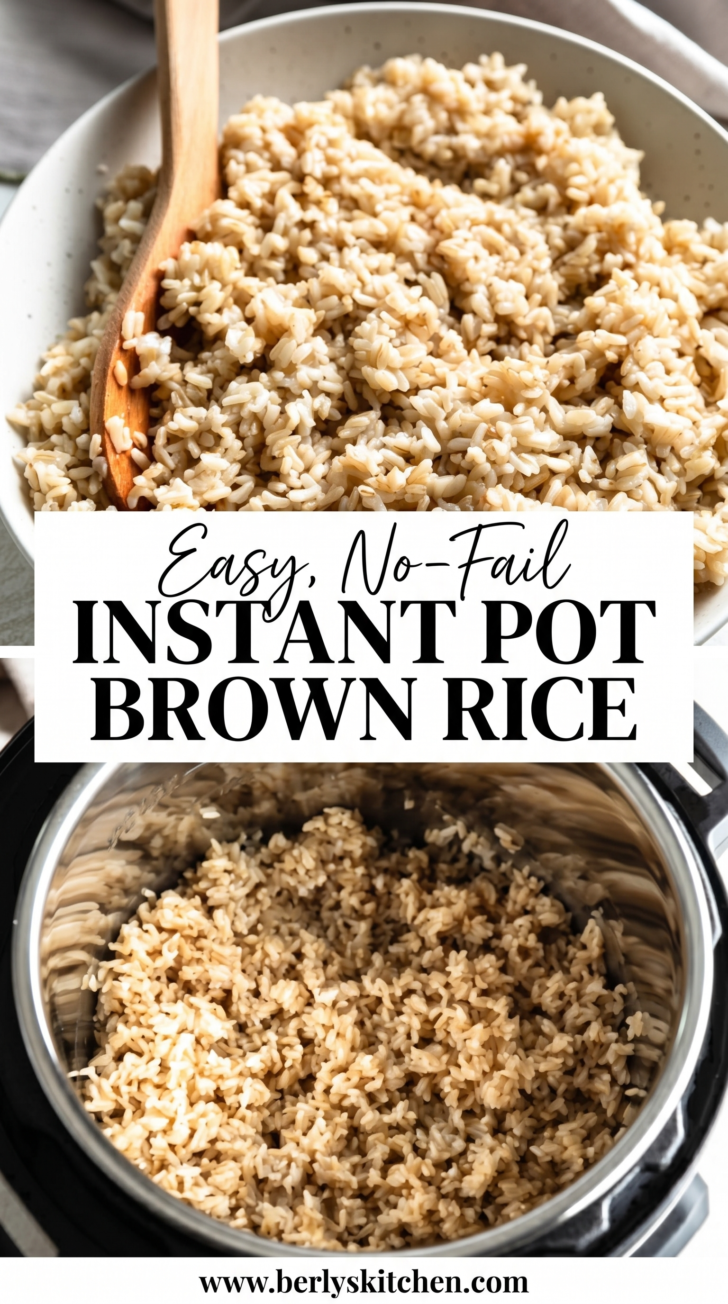 Two-panel collage showing uncooked brown rice in an Instant Pot insert on one side and a bowl of fluffy, perfectly cooked brown rice on the other.