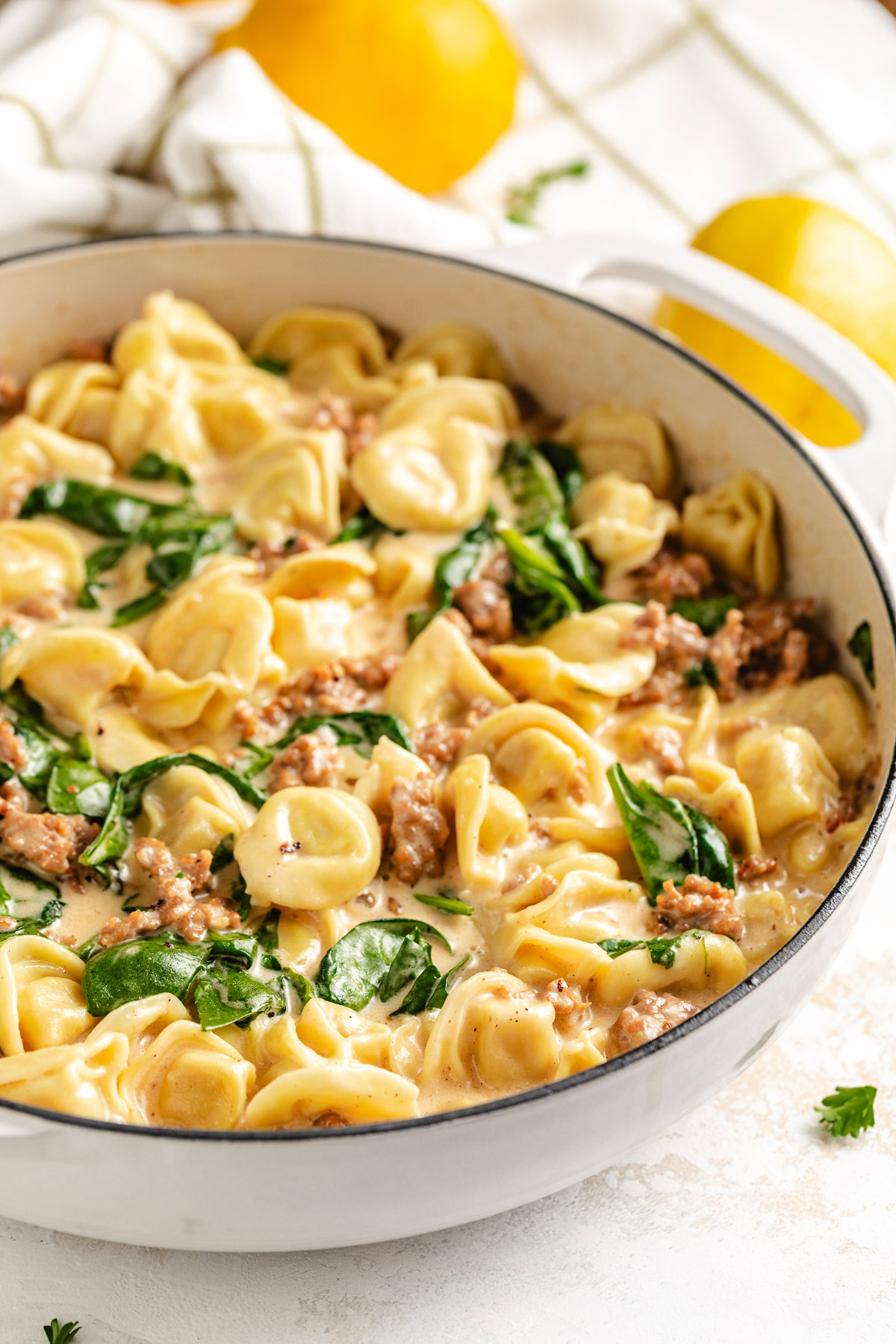 Italian sausage tortellini in a lemon cream sauce.