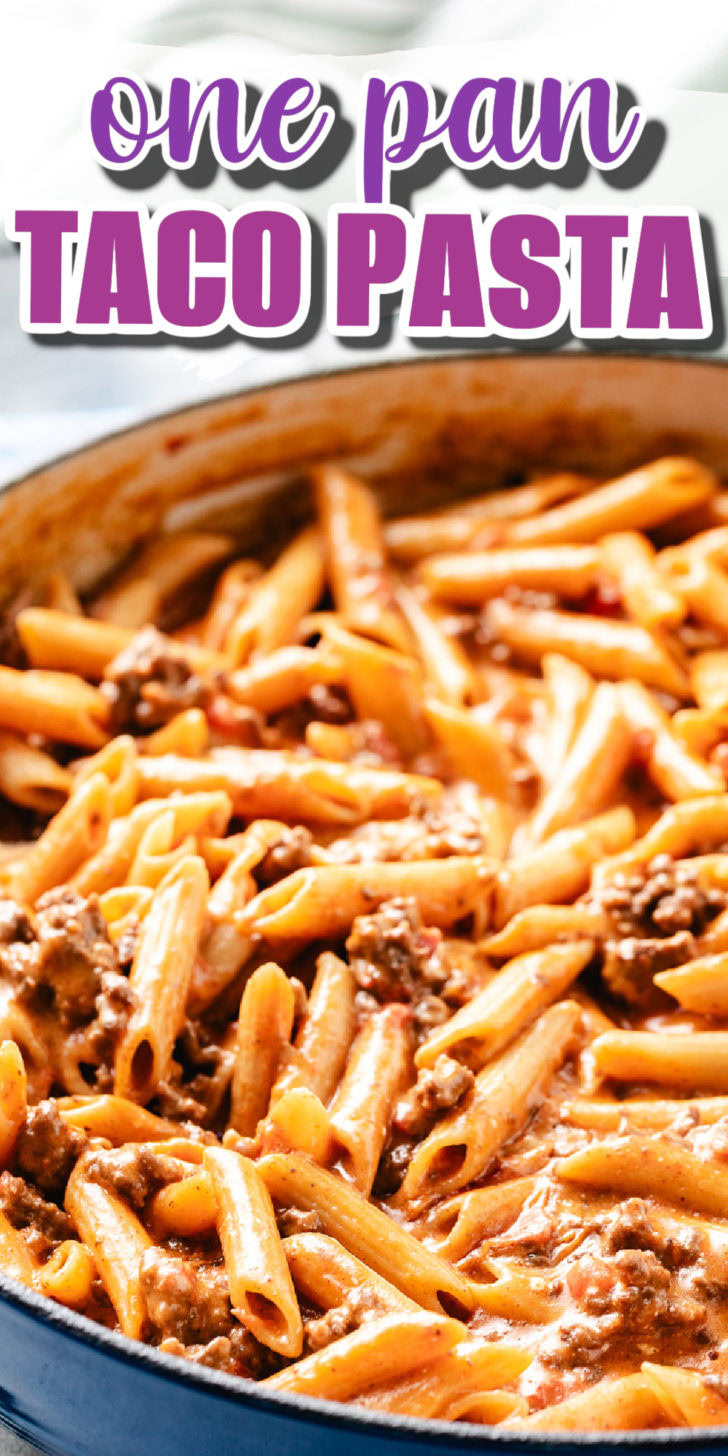 Close up view of taco pasta in a skillet.
