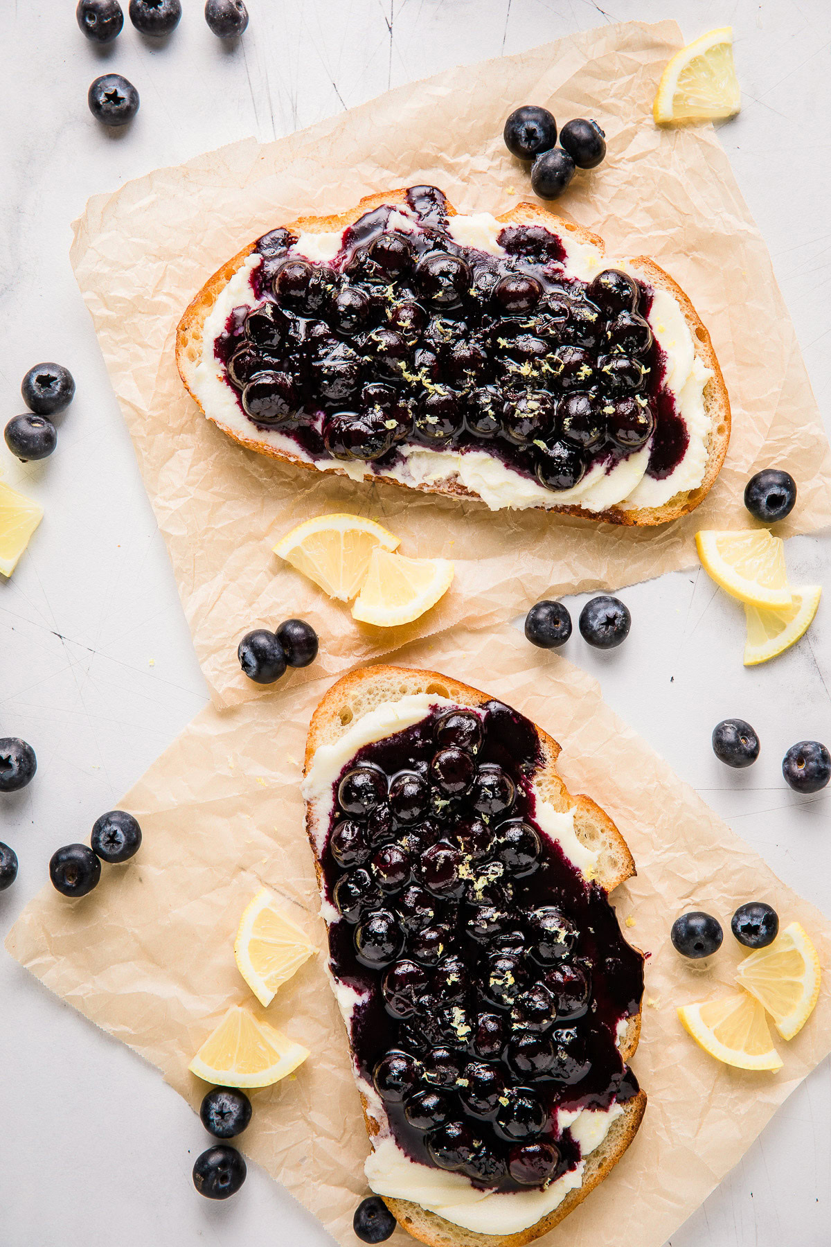 Blueberry toast topped with lemon zest.