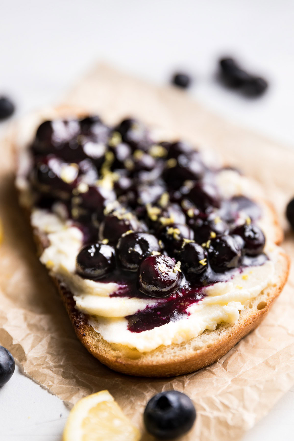 Close-up of blueberry mascarpone toast.