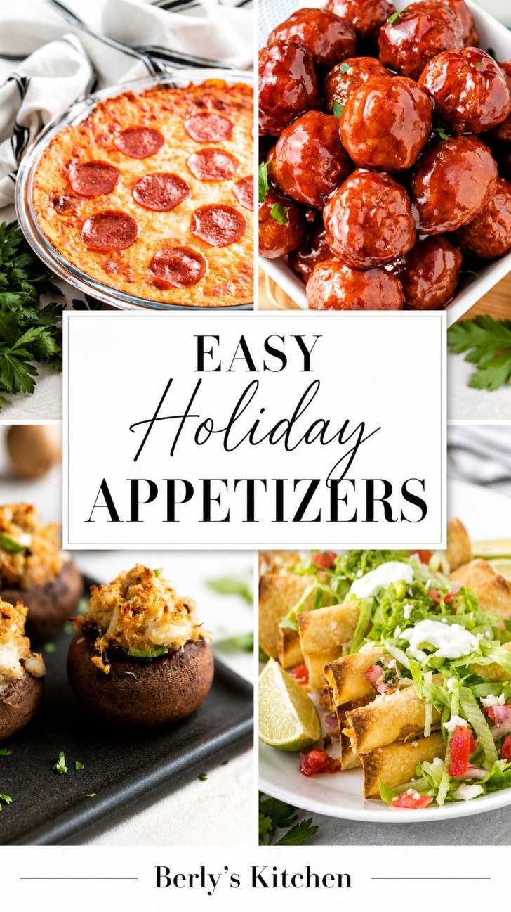 Collage showing several photos of holiday appetizers in a collage.