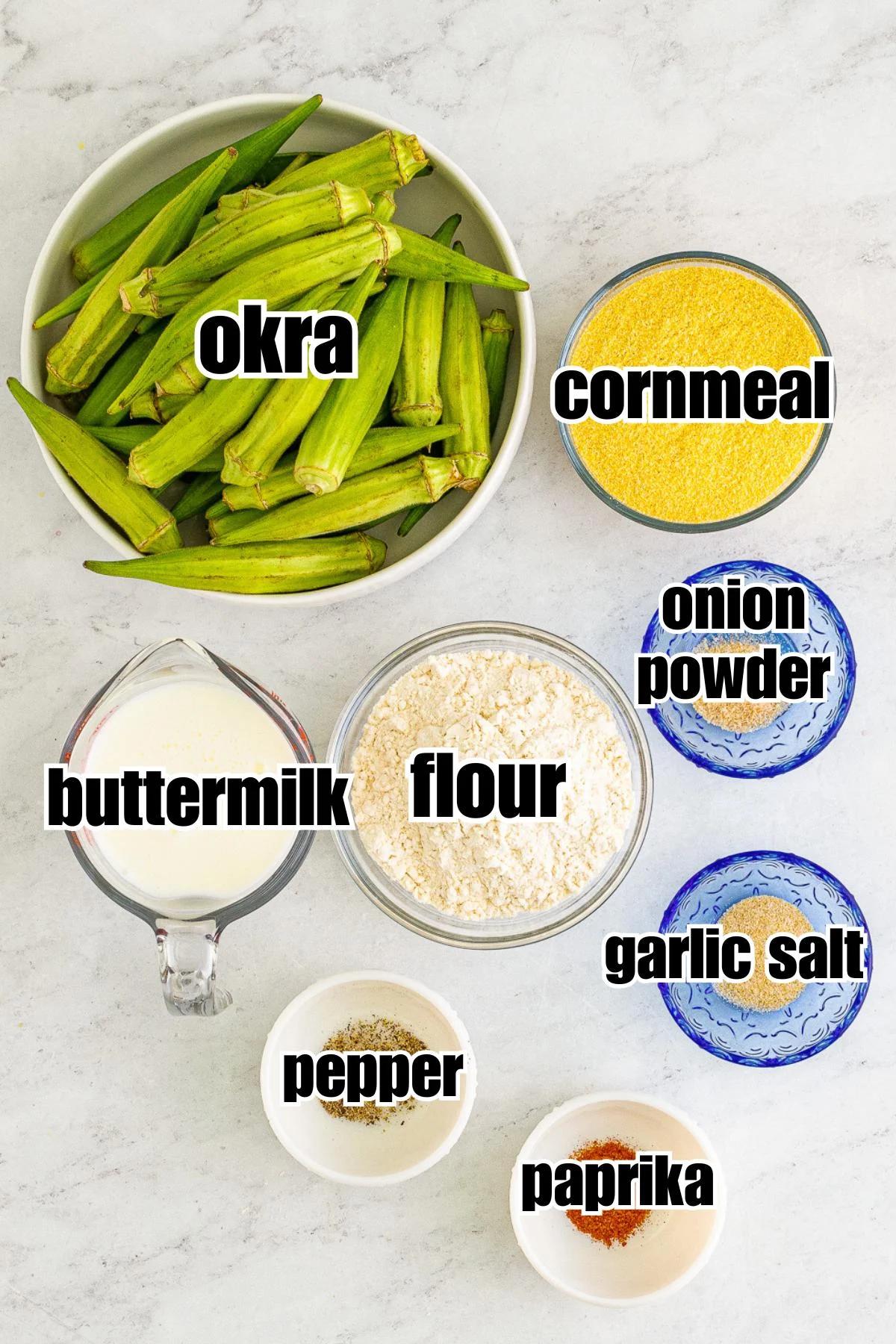 Overhead view of the ingredients used to make fried okra.