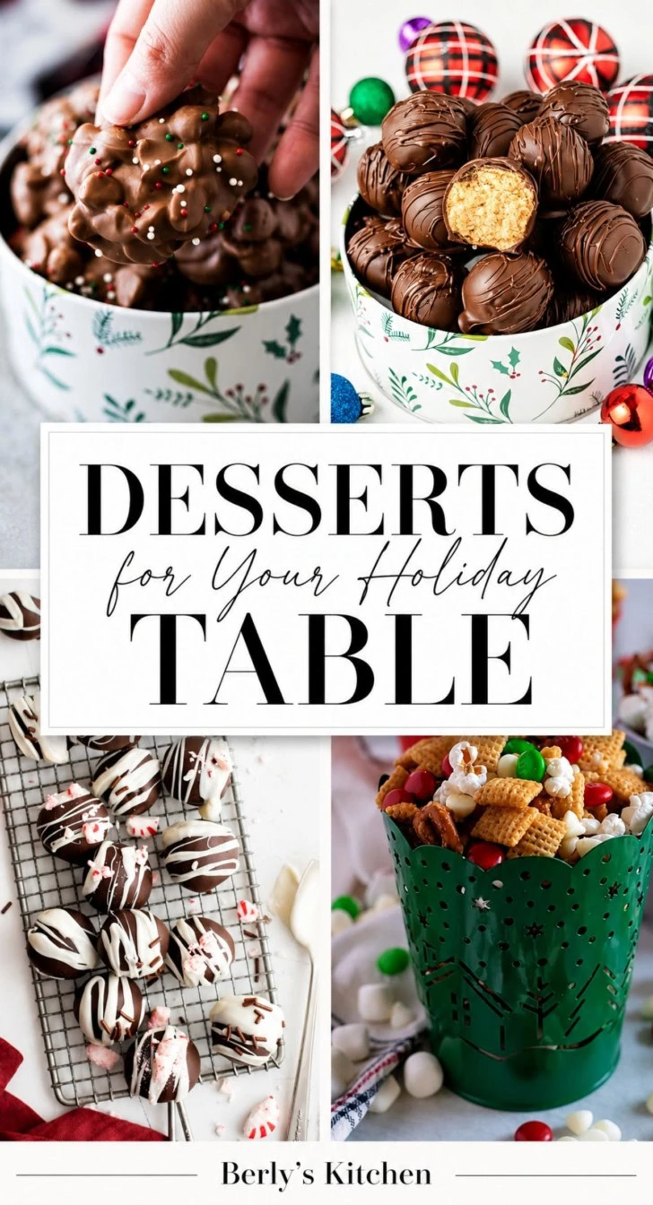 Collage showing multiple images of holiday desserts.