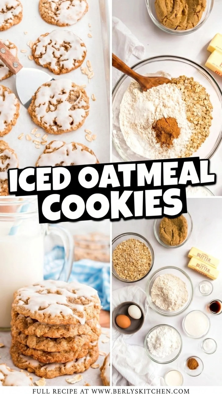 Collage showing several photos iced oatmeal cookies and their ingredients.