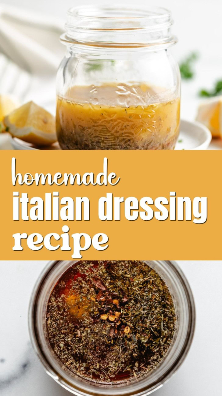 Collage showing two photos of Italian dressing in a jar.