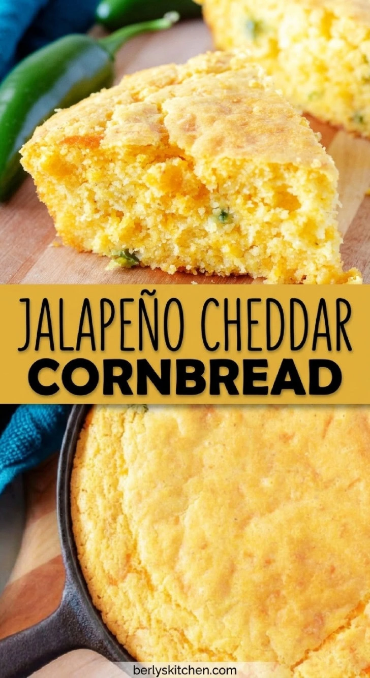 Collage showing two photos of jalapeƱo cheddar cornbread.