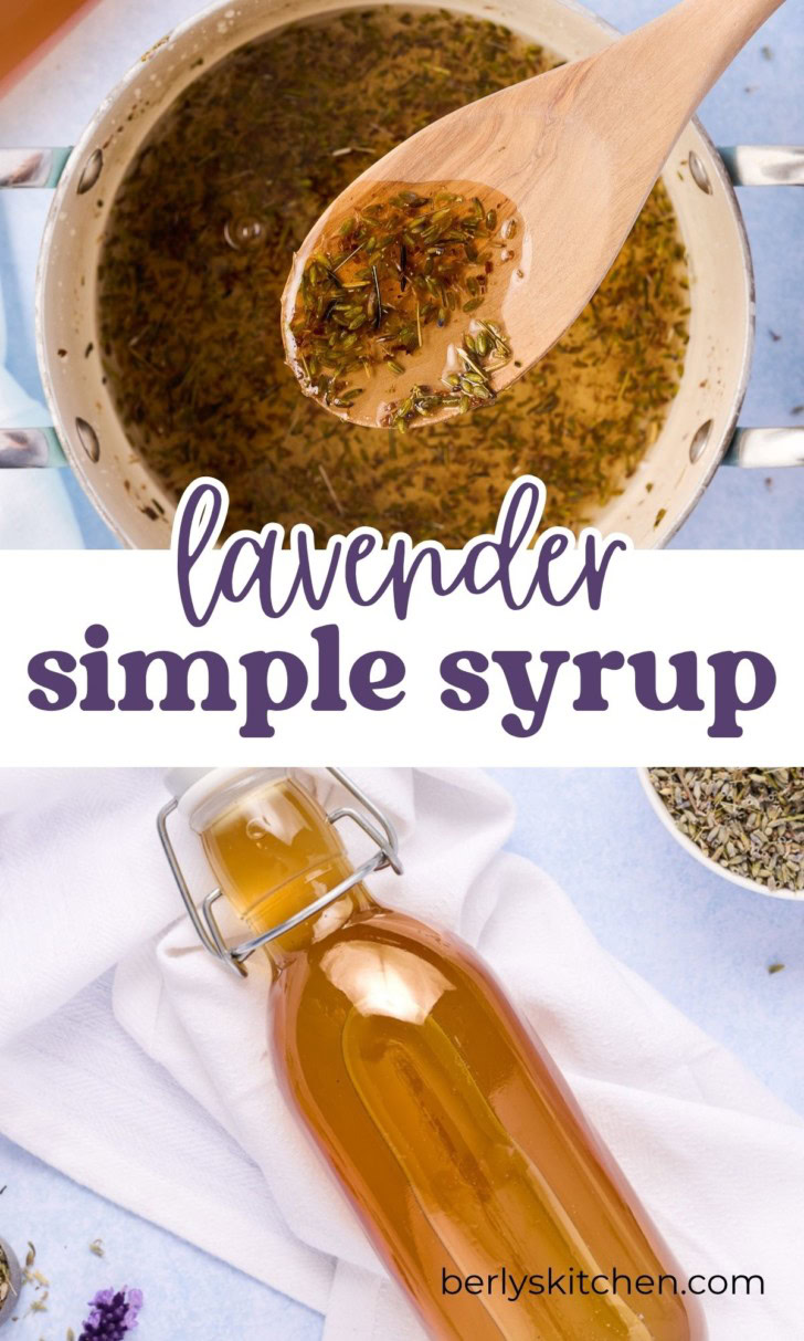 Collage showing two photos of lavender simple syrup.